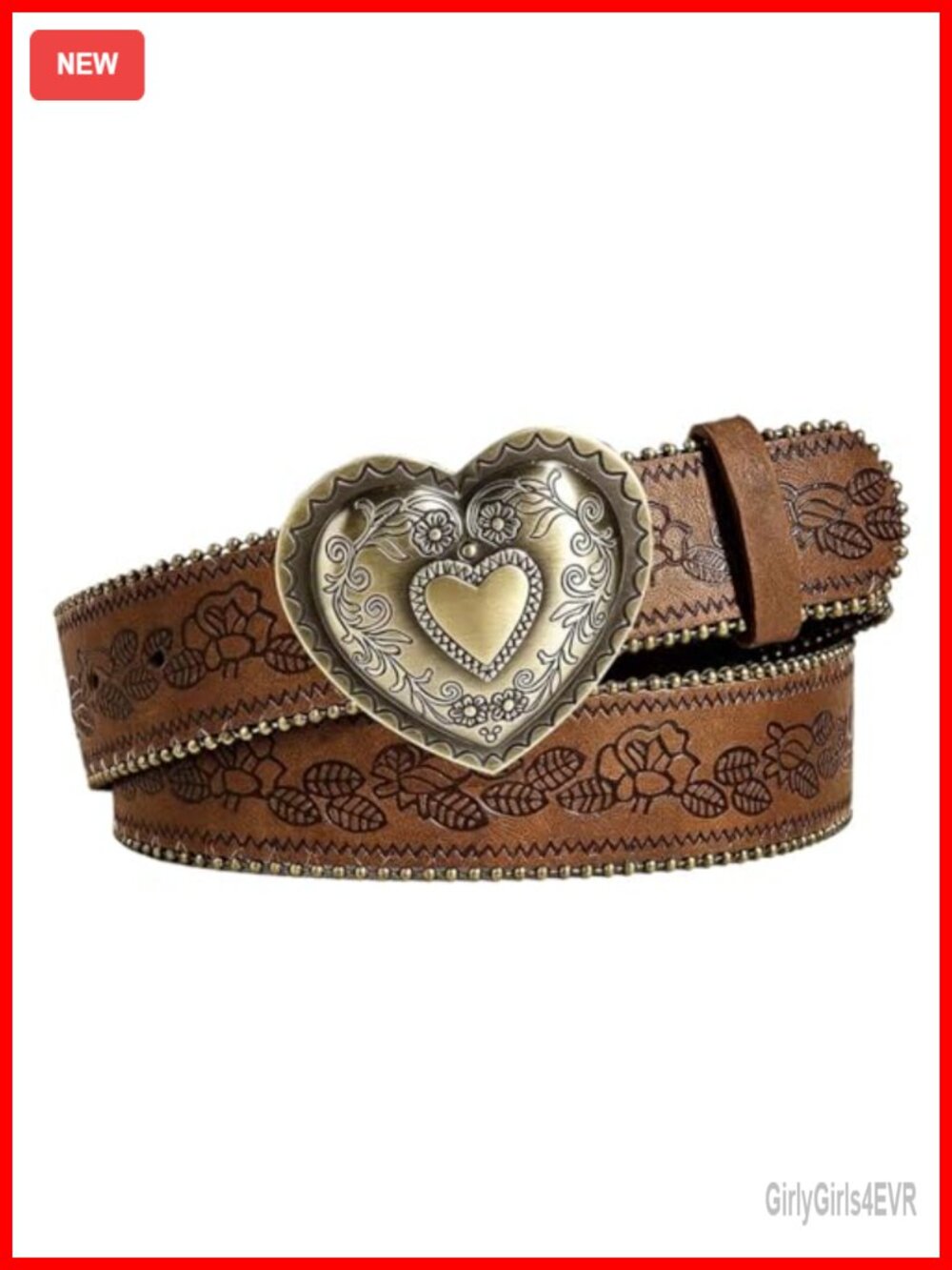 PU Leather Western Belt Heart Embossed Buckle Cowgirl Cowboy